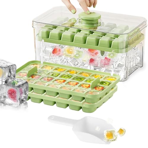 Stampo Ghiaccio con Coperchio e Contenitore, 56 Pezzi Vassoio per Cubetti di Ghiaccio, Vassoio per Cubetti di Ghiaccio Senza BPA a Doppio Strato, Rilascia Tutti i Cubetti Ghiaccio in un Secondo(Verde)