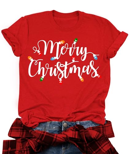 E-red Women's Merry Christmas T-Shirts: Family Xmas Gifts - Holiday Tops with Christmas Tree Design