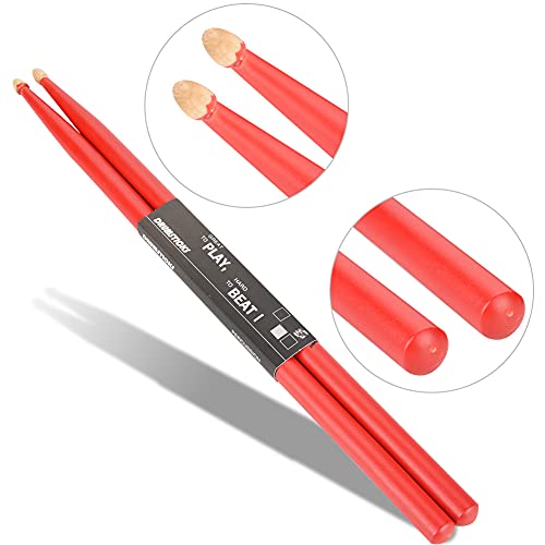 1 par de baquetas 5A para batería, hechas de madera de arce, para adultos, niños y principiantes (rojo) miniatura 3