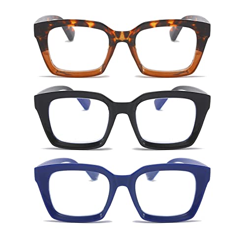 MMOWW 3-Pack Oversized Reading Glasses for Women - Anti Blue Light Glasses with Square Frame +0.0, Black+blue+leopard