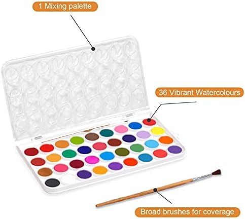 TBC Watercolour Paint Set 36 Colours Cake with 1 Paint Brush & with the Mixing Palette Professional Painting Suppliers Kit for Artists, Beginners, Students, Hobbyists, Adults, Children