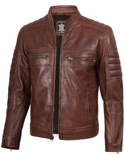 fjackets Cafe Racer Leather Lightweight Brown Jacket Men - Real Leather mens motorcycle jacket - Austin | [1100063] M