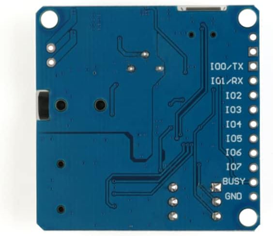 Bottom view of the JESSINIE DY-SV5W Voice Playback Module, showing pin labels for IO0/TX, IO1/RX, IO2-IO7, BUSY, and GND.