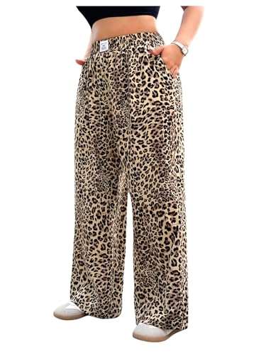 OYOANGLE Women's Plus Size Leopard Print Long Pants Elastic High Waist Wide Leg Y2K Baggy Trousers Streetwear