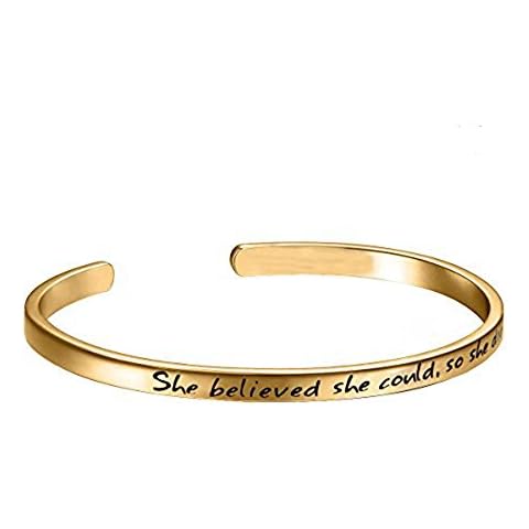 Cuff Bangle Bracelet Engraved"She believed she could so she did" Inspirational Jewelry Gift High Polished Stainless Steel (Gold) Cover