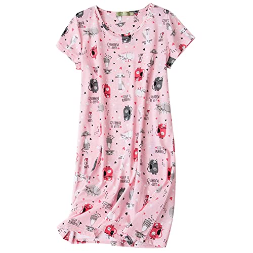 Doovid Women's Nightgown Short Sleeves Sleepwear Cotton Night Shirts Casual Loose Print Nightdress Pink Cat X-Large #TOP17