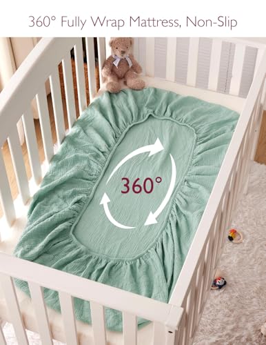 Image of Momcozy Muslin Standard Fitted Crib Sheets, 52 inchx28 inch, 2 Pack Soft Breathable Natural Cotton Baby Mattress Sheet, 360 Mattress Wrapping No Slip Boys Girls Neutral Toddler Bed Sheet, Green Grey