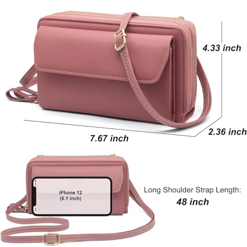 Image of Women Leather Wallet Crossbody Shoulder Bag with Double Zipper and Mobile Phone Purse with Shoulder Strap
