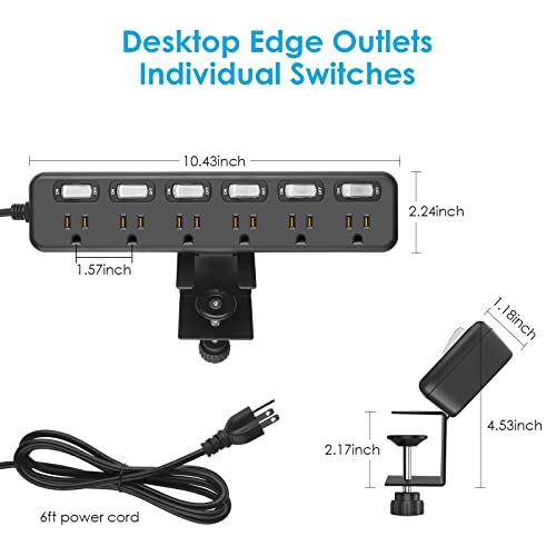 Desk Clamp Power Strip Individual Switches, Junnuj 6 Outlet 800J Surge Protector Clamp Outlet Desktop Removable Table Desk Mount Clamp Socket, Tabletop Edge Power Station 6Ft Power Cord #TOP4