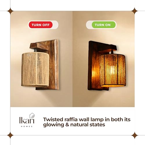 Image of Ikari Homes Rustic Wooden Wall Lamp I Cylindrical Raffia Shade I Vintage Wall Lamp I Boho Wall lamp for Bedroom /Balcony /Living Room /Outdoor /Entrance - Size 10 by 5 in (Twisted Raffia)