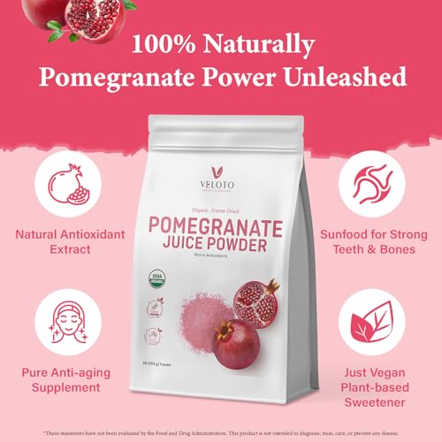 VELOTO Organic Pomegranate Juice Powder, Pure Pomegranate -Fruit Freeze Dried Powder, Natural Vitamin C Vegan Sweetener Superfoods for Smoothies, Yogurt & Shake, Gluten Free, Non GMO, 1 lb