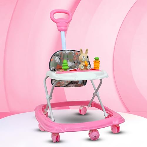 Image of Baby Walker for 6-18 Months with Musical Toys & Push Handle | Adjustable Height Baby Activity Walker, 360 Rotating Wheels, Soft Seat (Rabbit Pink)