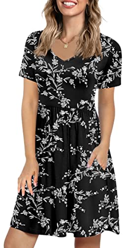 Anymeet Women's Summer Dresses Short Sleeve V Neck Tshirt Dress Casual Swing Sundress With Pockets Black Carving Medium #TOP22