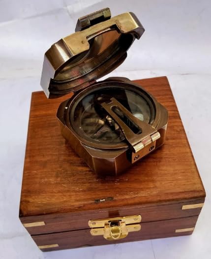 Brújula con acabado antiguo en latón con caja de madera – Instrumento de navegación vintage coleccionable miniatura 3