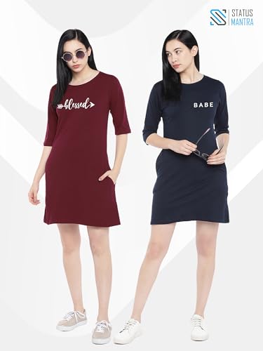 Image of STATUS MANTRA Long T-Shirt Dress for Women - Cotton Knee Length T Shirt Top | 3 /4th Sleeves, Soft Bio-Washed Fabric | Stylish Regular Fit Crew Neck