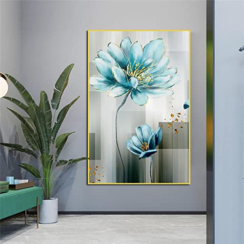 Toile lotus bleu et feuille d'or art abstrait 40x60cm pour salon moderne
