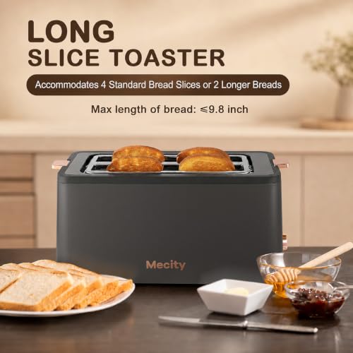 Image of Mecity 4 Slice Toaster, Long Slot Toaster With Warming Rack, Timer, Bagel, Defrost, Reheat Functions, Crumb Tray, 6 Browning Settings, Extra Wide Long Slots, Stainless Steel, 1300W, Grey