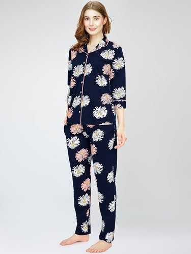 Image of ZEYO Night Suit for Women's Floral Printed Cotton Night Dress of Shirt and Pajama Set 5766