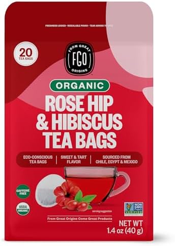 Organic Rosehips Tea, 20 Count, Eco-Conscious Herbal Tea Bags, Resealable Bag, Caffeine Free, Packaging May Vary (Pack of 1)