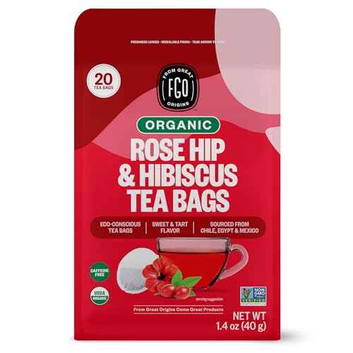 Image of FGO Organic Rosehips Tea, 20 Count, Eco-Conscious Herbal Tea Bags, Resealable Bag, Caffeine Free, Packaging May Vary (Pack of 1)