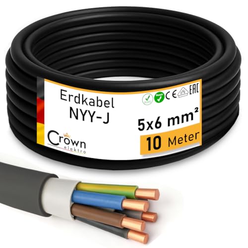 NYY-J 5x6mm Erdkabel 10m - Elektrokabel Ring für Verlegung im Erdreich & Außenbereich | Kupfer Volldraht | DIN VDE 0276 Teil 603/627 | Deutsche Markenhersteller