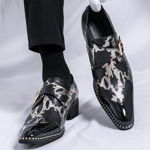 Men's Pointed Toe Snake Print Monk Strap Loafer Men Burnished Leather Metal Buckle Slip-On Low Top Oxford Shoes Formal Business Party Dress Shoes3