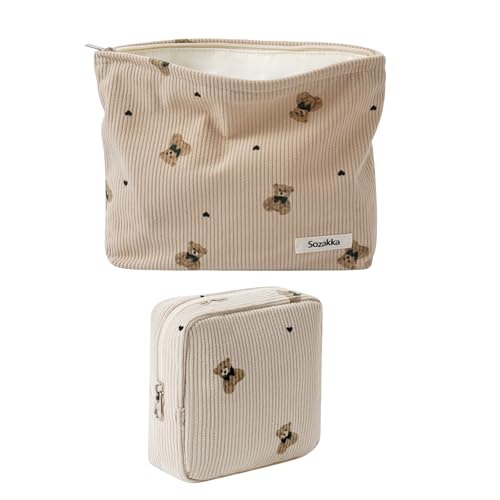 uekeboag 2Pcs Cute Small Soft Corduroy Zipper Makeup Bag for Purse, Coquette Aesthetic Pouch with Bear Pattern for Women Girls, Kawaii Travel Cosmetic Bags（Taupe Set）