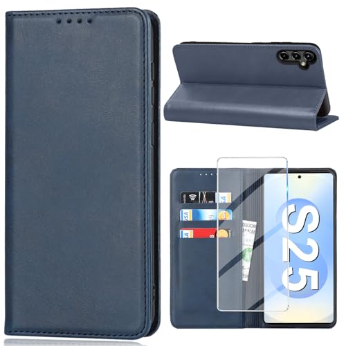 Coque Samsung S25 rabat cuir bleu étui portefeuille anti-choc avec vitre
