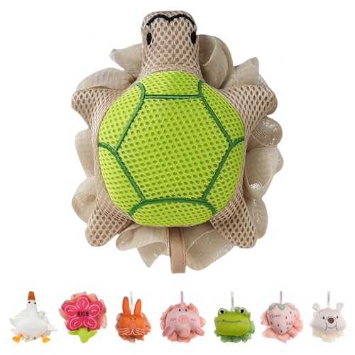 Kids Loofah Cute Cartoon Animal Kids Bath Sponge with Hanging Rope Soft Double Mesh for Rich Lather (Little Turtle)