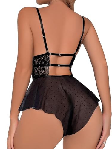 Image of Lilosy Sexy Bows Floral Lace Mesh Babydoll Lingerie Romper