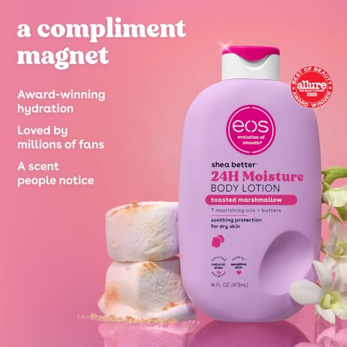Image of eos Shea Better Body Lotion Toasted Marshmallow, 24-Hour Moisture Skin Care, Lightweight & Non-Greasy, Natural Shea Butter, Vegan, Moisturizing Body Lotion for Dry Skin, 16 fl oz