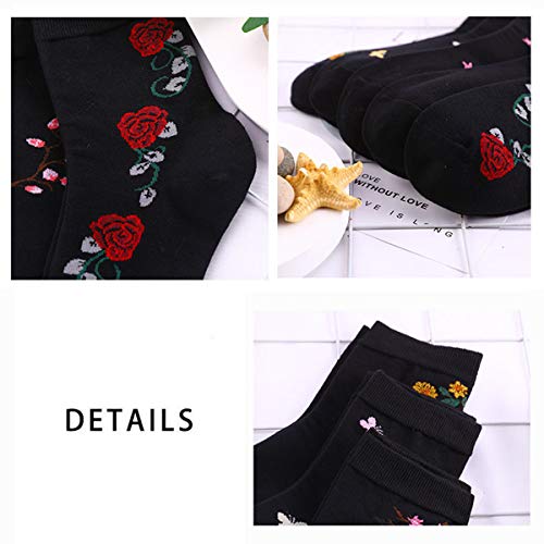 Dxyaky 5 Pairs Womens Black Floral Patterned Novelty Crew Socks Vintage Casual Cotton Socks Warm Dress Ankle Socks #TOP4