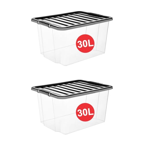 RelianceUK Plastic Storage Boxes with Lids (30 Litre / 2 Pack) | 30L Stackable Storage Box With Black Lids, Multipurpose Clear Storage Box, Clear Containers for Home Office Kitchen