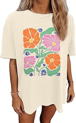 Wildflower Shirt for Women Vintage Floral Graphic Oversized Short Sleeved T-Shirt Casual Holiday Cut...