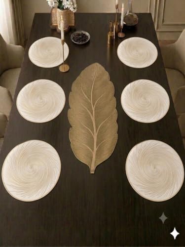 Image of Dakshya Industries PVC Waterproof Round Table Placemat & Table Runner Combo Set | 6 Round Table Mats (38 x 38 cm) + 1 Table Runner | Heat Resistant, Washable, Non Slip Dining Table Decor (Ivoris)
