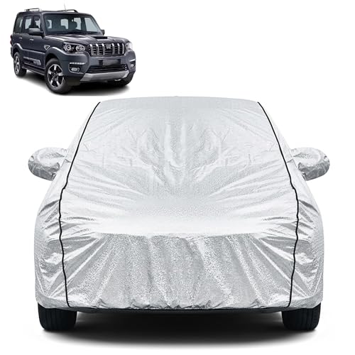 Image of Waterproof Car Cover for Mahindra Scorpio Classic | Dustproof, UV Resistant & Scratch Protection | Soft Cotton Lining | Triple Stitched | Mirror Pockets & Elastic Fit | Silver