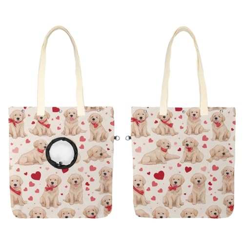 Pet Canvas Shoulder Bag Soft-Sided,Dog Purse Carrier for Small Dogs and Cats, Portable Pet Handbag with Adjustable Hole, Pet Washable Travel Tote Bag,Golden Retriever Hearts 16.7''x15.8''