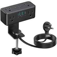 TROND Small Footprint Desk Clamp Power Strip with USB C PD 20W, Flat Plug Extension Cord Surge Protector 5ft, 6 Wide Space Outlets 4 USB, Fit 2.16" Tabletop Edge, Home Office Desk Accessories, Black