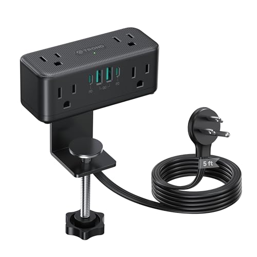 TROND Small Footprint Desk Clamp Power Strip with USB C PD 20W, Flat Plug Extension Cord Surge Protector 5ft, 6 Wide Space Outlets 4 USB, Fit 2.16' Tabletop Edge, Home Office Desk Accessories, Black