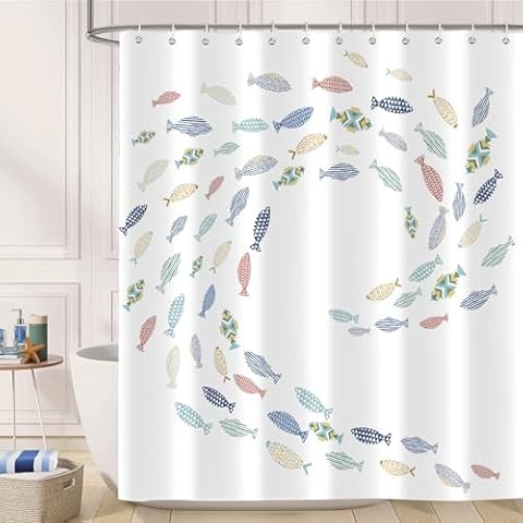 Aeyadis Ocean Swiming Colorful Fish Shower Curtain, Fishes Cartoon White Minimalist Shower Curtains Decor for Bathroom Set, Washable Fabric Cloth Waterproof with 12 Hooks, 72x72 Inch Cover