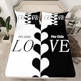 Couple Fitted Sheet, His Side Her Side Bedding Set Love Romantic Bed Sheets for Teens Adult Women, Black White All Season Bedding Decor Set for Bedroom 3 Pieces with 2 Pillow Cases, Queen Size