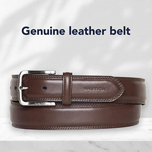 Nautica Mens Logo Inlay Ornament Double Stitch Leather Belt, Brown, 40 Us #TOP1