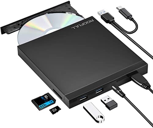 ROOFULL External CD DVD +/-RW Drive with SD Card Reader and USB Ports, USB 3.0 Type-C CD DVD Optical Disc Drive Player Burner Rewriter for Laptop PC Windows 11/10/8/7, Mac MacBook Pro/Air, Linux OS