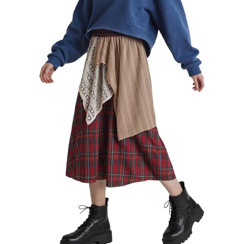 Womens Casual Pleated Skirt Asymmetrical Plaid Skirts Elastic High Waist Lace Stitching Skirt Loose for Prom Party