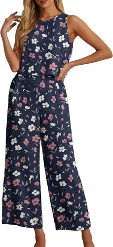 IWOLLENCE Women's Summer 2 Piece Outfits Set Round neck Sleeveless Tank Crop Top Wide Leg pants Set Pockets Jumpsuits Blue Pink WH Flower 2XL
