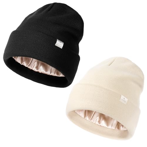 Yanibest 2 Pack Womens Saitn Lined Knit Beanie Hat Acrylic Winter Hats for Women Men Silk Lining Soft Slouchy Warm Cuffed Beanie Hat, Black&beige, One size