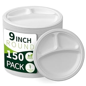 150 Pieces 100% Compostable 9″ Paper Plates, 3 Compartments Heavy Duty Disposable Plates, Eco Friendly Combo Plates, Biodegradable Dividers made of Sugarcane Fiber (9″)