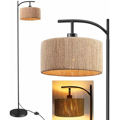 ArcoMead Floor Lamps for Living Room, Farmhouse Rattan Floor Light, Industrial Standing Lamp with Handmade Paper Woven Wheat Shade, Black Tall Pole Reading Corner Light for Bedroom Office Home Deco Cover