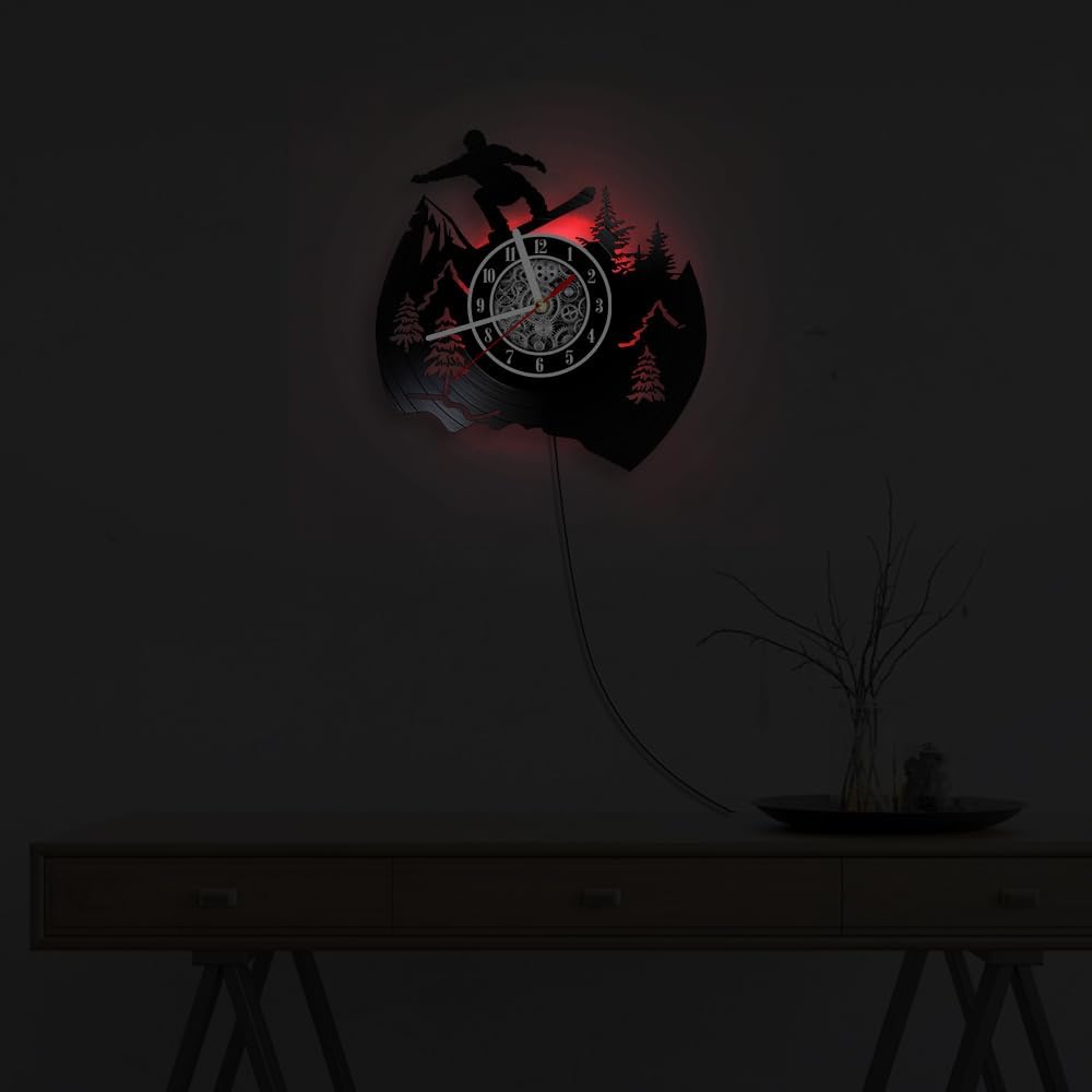 The Geeky Days Snowskating Vinyl Record Wall Clock with LED Light Skiier Silhouette Mountains Pine Trees for Ski Resort Lounges Club Ski Gear Shop Vinyl Record Wall Clock with Glowing Illumination