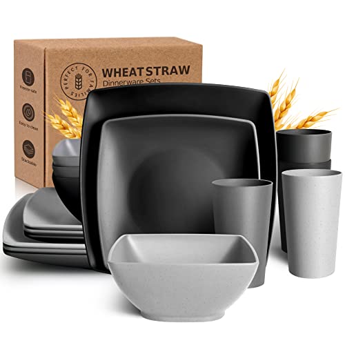 Teivio 16-Piece Plastic Wheat Straw Square Dinnerware Set For 4, Unbreakable Dinner Plates, Salad Plates, Snack Bowls, Tumblers 20 Oz, Dishwasher Safe, Gray Ombre #TOP27